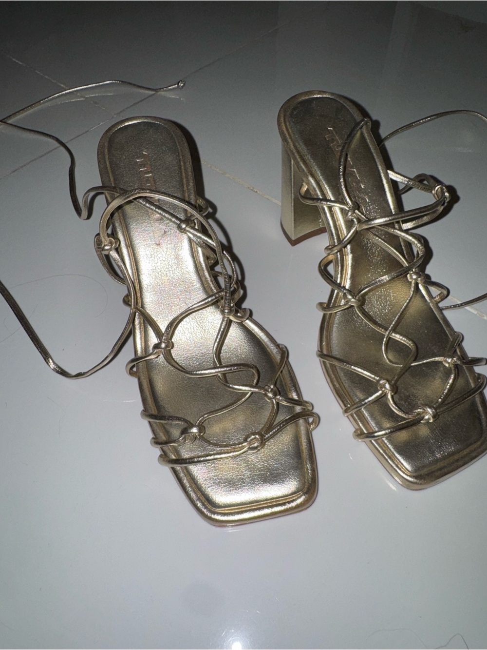 Strappy Metallic Gold Lace-Up Block Heel Sandals — Women